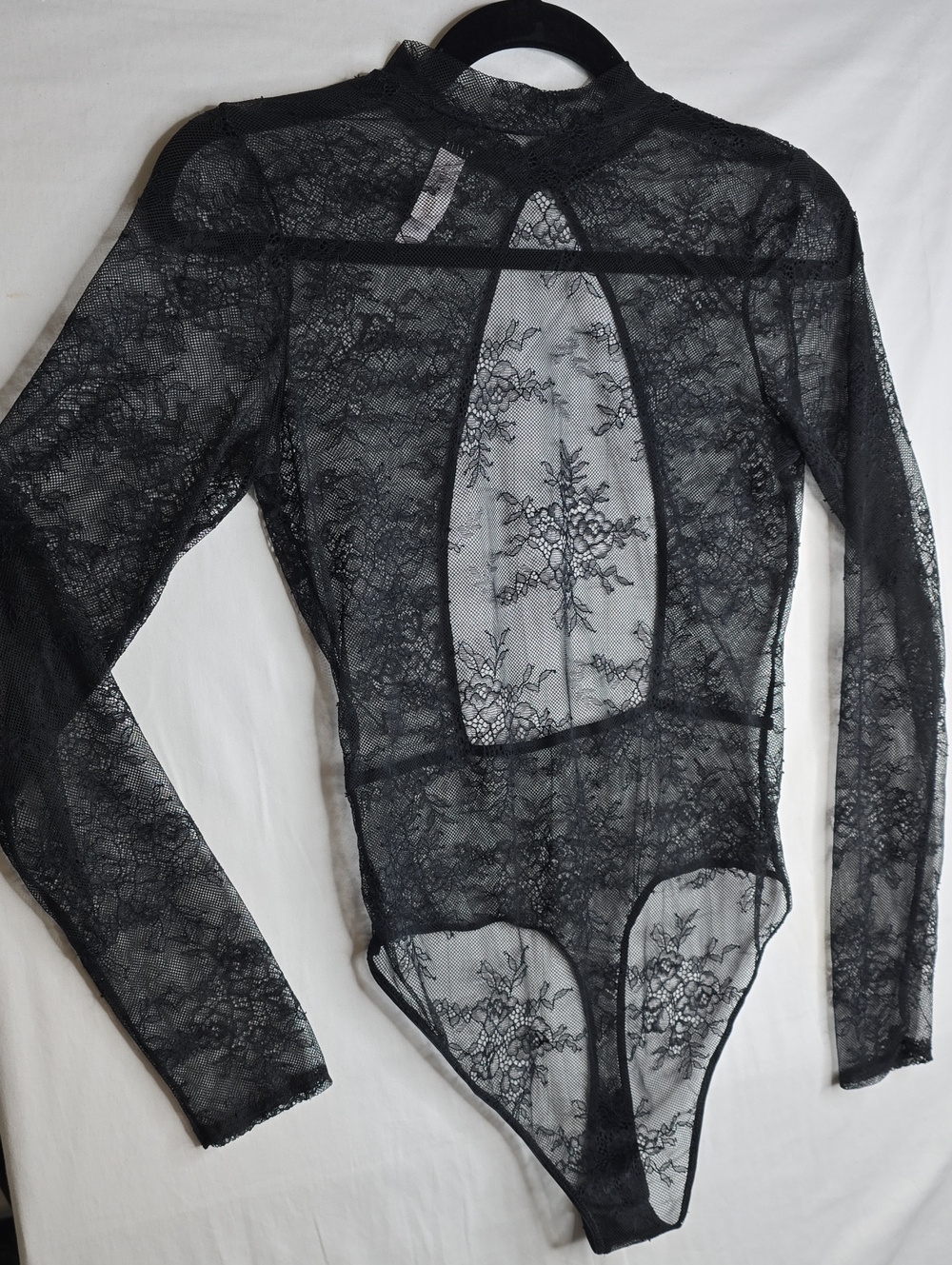Auden Black Sheer Floral Lace Long-Sleeve Bodysuit Mesh Feminine Coquette Sexy